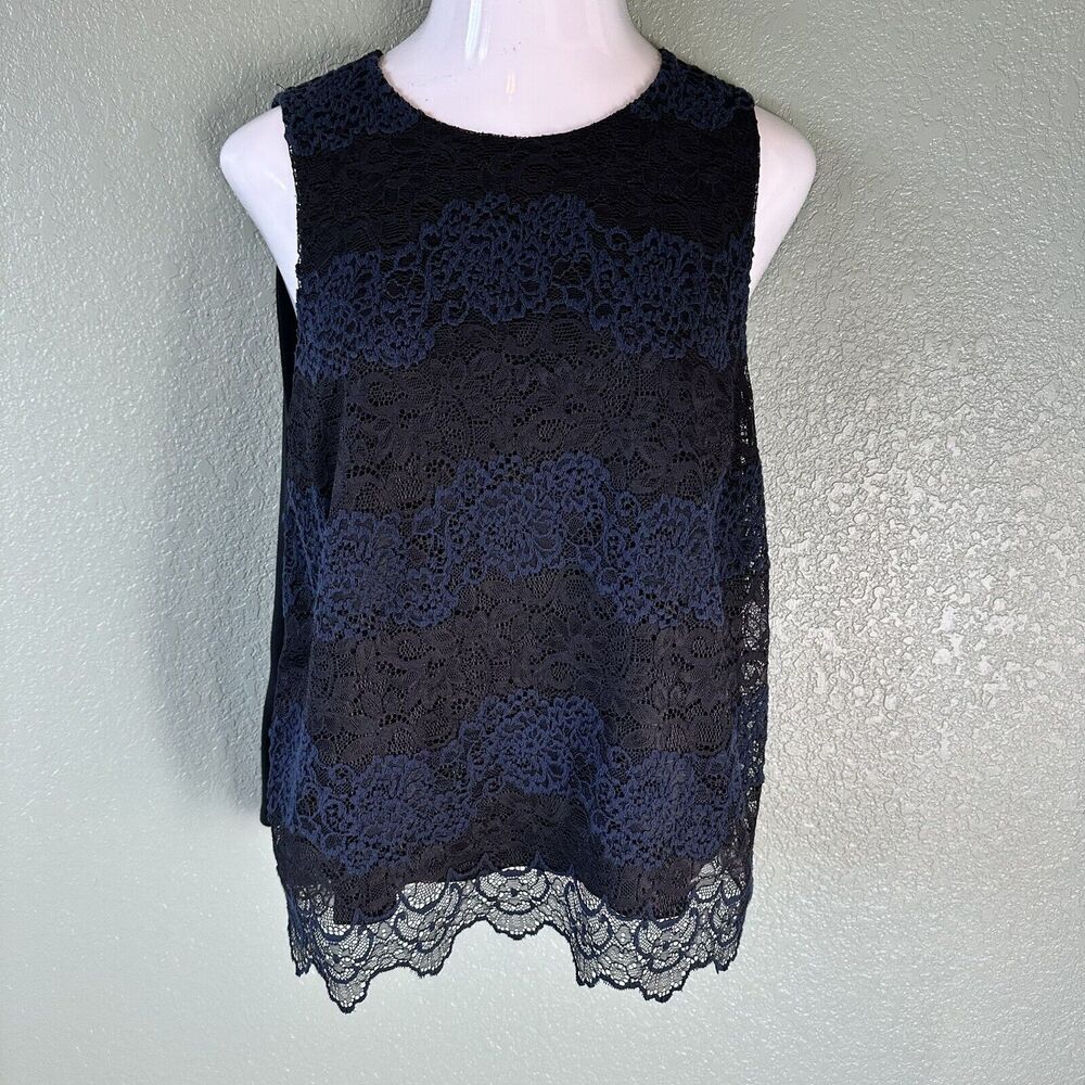 Loft Black And Dark Blue Lace Sleeveless Shell Tank Top L Large